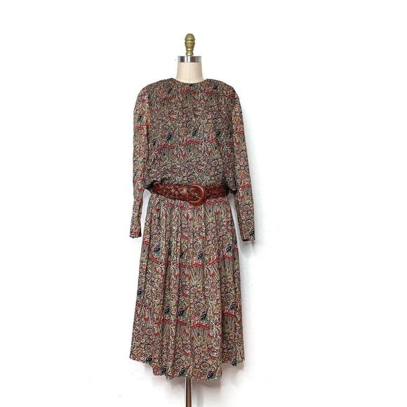 VINTAGE 60s/70s Patty O'Neil Floral Embroidered Long Sleeve Drop Waist Dress S/M - Picture 5 of 11